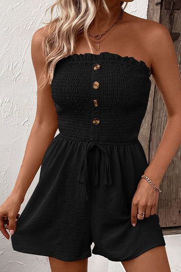 KATCH ME Summer Trendy Solid Color Shirred Partial Button Drawstring Sleeveless Playsuit Playsuit